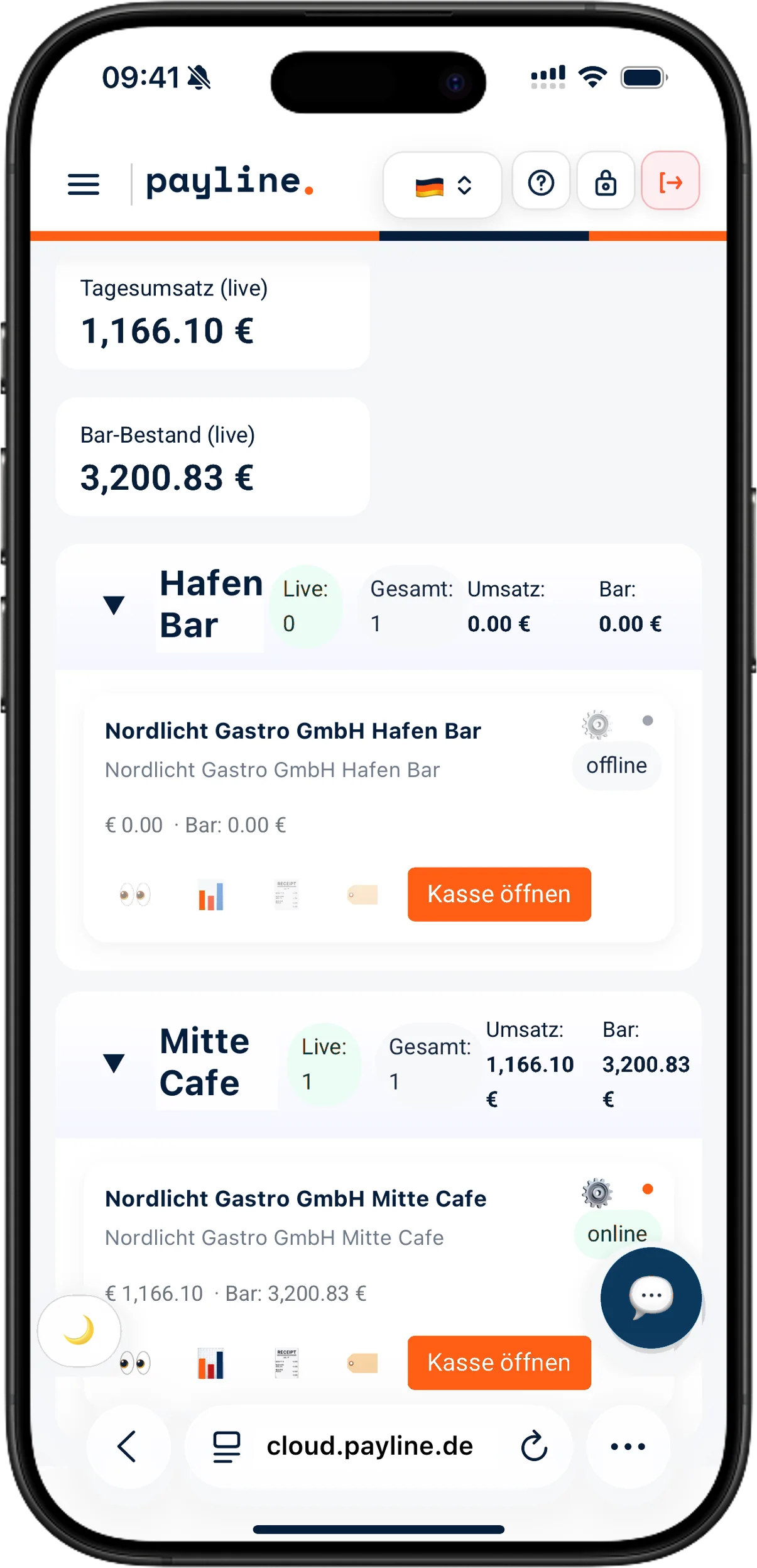 Payline Dashboard auf dem Handy mit Tagesumsatz je Standort. Beispieldaten.