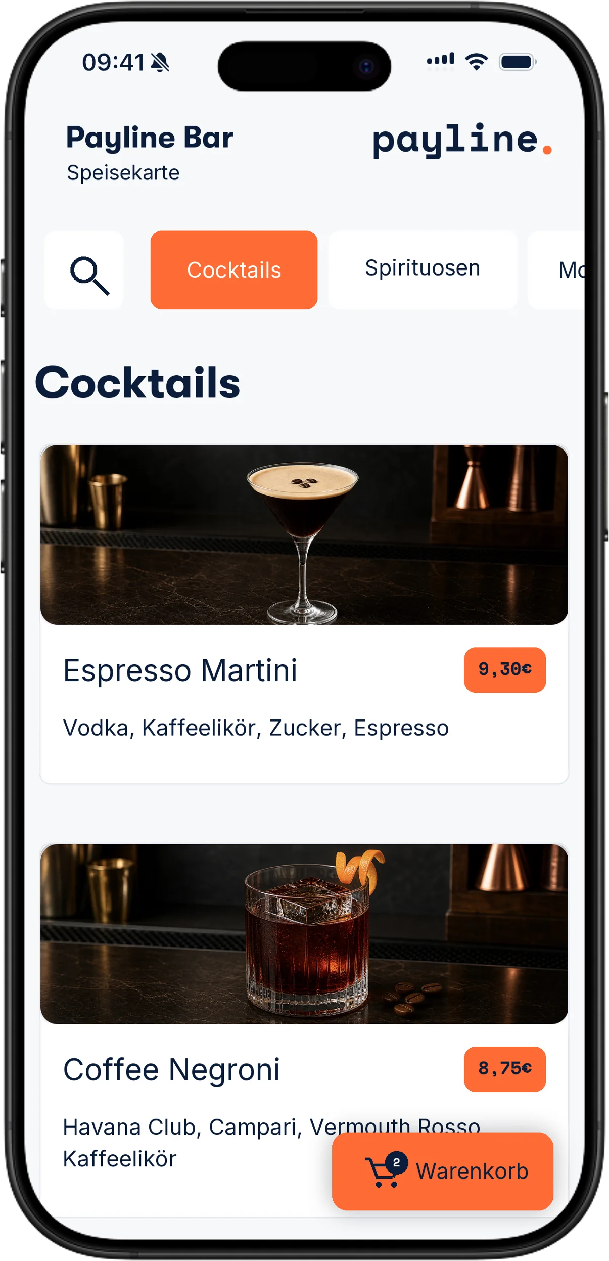 Die Speisekarte auf dem Handy des Gastes. Beispielansicht.