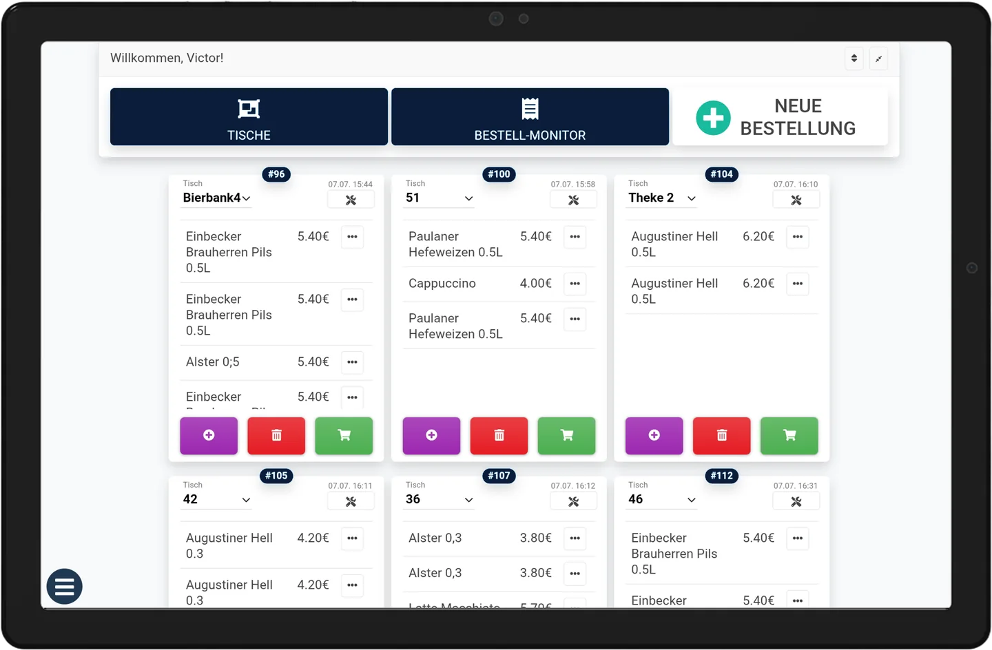 Payline Kasse auf dem Tablet: Tischübersicht mit offenen Bestellungen. Beispielansicht.